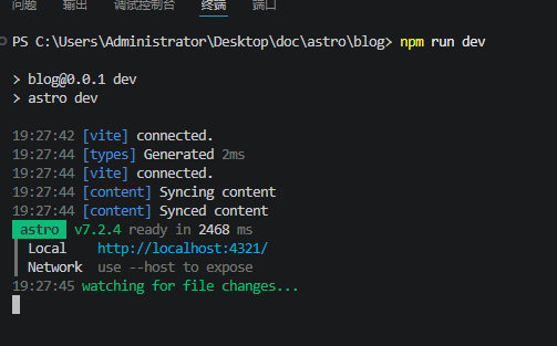 在终端中运行 npm run dev 启动本地开发服务