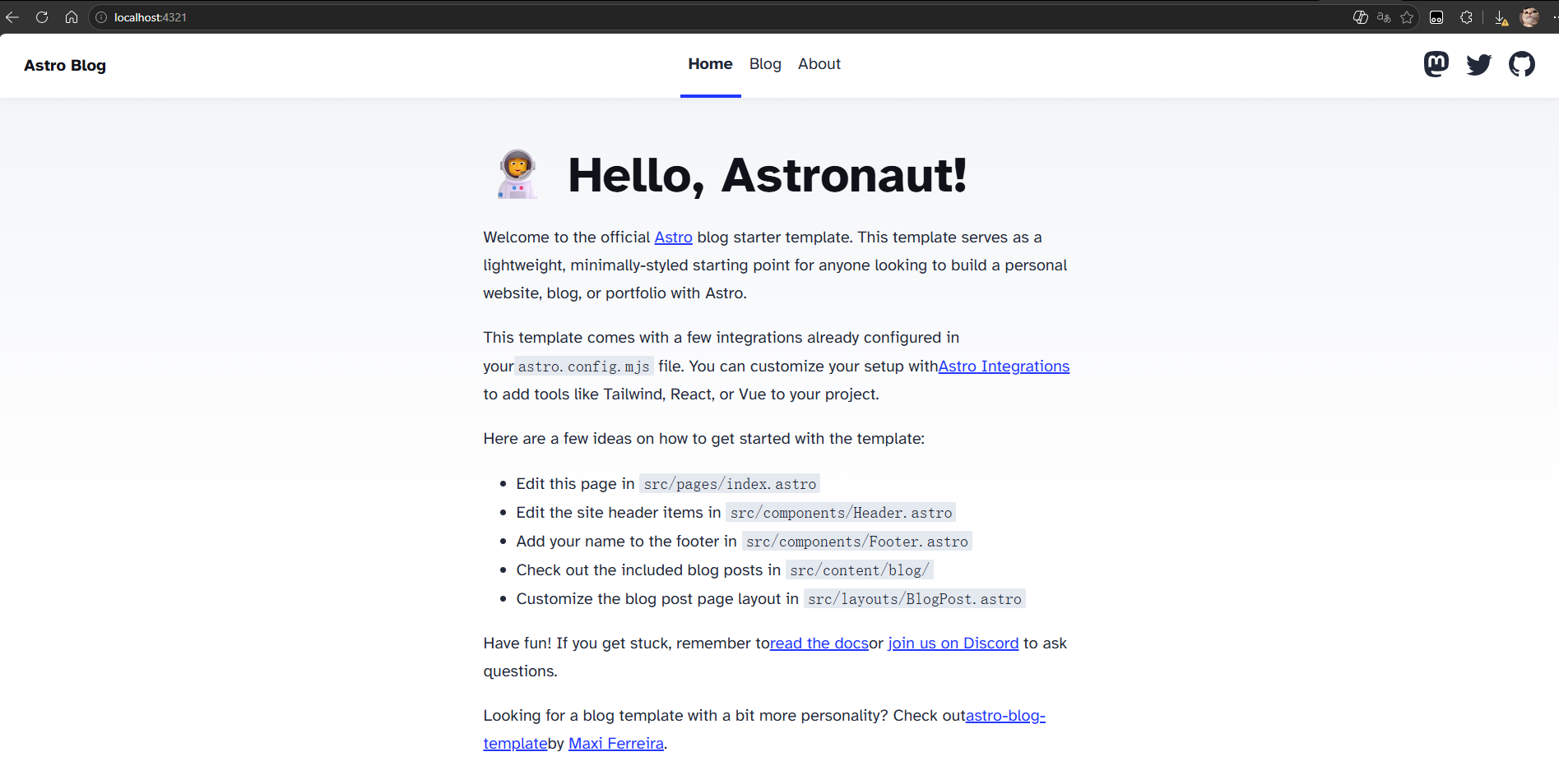 浏览器打开 localhost:4321 预览 Astro 博客首页
